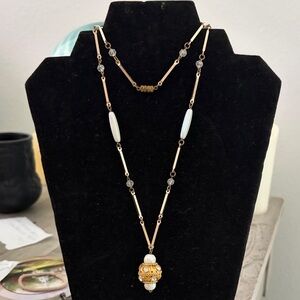 Vintage Gold and White Aurora Bead Pendant Necklace